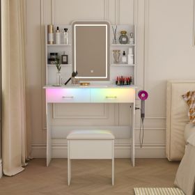 Vanity Desk with LED Lights Mirror & Power Outlet,Vanity Table Set with Storage Drawers & Chair, 3 Lighting Modes & Led RGB Adjustable Brightness