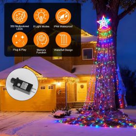 11.48FT 350LED Multicolored Christmas Star Waterfall Tree String Light Indoor Outdoor Waterproof String Lights With Star Topper 8 Light Modes Mem