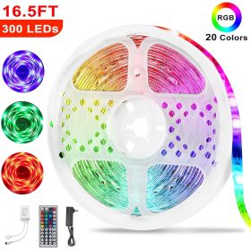 300 LEDs Strip Lights 5M/16.5ft 20 Colors RGB LED Strip IP65 Waterproof w/ Remote