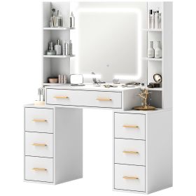 Makeup Vanity Table with Mirror and Lights, Modern Dressing Desk with 7 Drawers, 8 Shelves, 3 Lighting Modes, White
