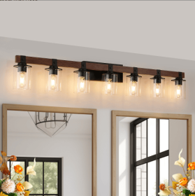 50 Rustic 7-Light Vanity Light, Industrial Bathroom Wall Sconce With Glass Shades And Wood Accent, Modern Farmhouse Lighting Fixture No Bulbs (Option: Walnut and black)