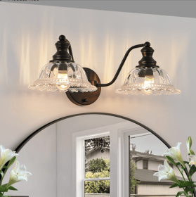 20 Inch 2-Light Vintage Bathroom Wall Sconce - Elegant Black Metal And Glass Lampshade Vanity Light Fixture For Bathroom, Hallway, Or Bedroom Bul (Color: Black)