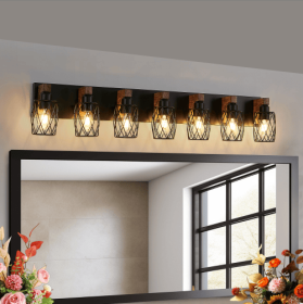 Industrial Vintage 7-Light Wall Sconce - Black Cage Wall Lighting Fixture With Wooden Accents For Bathroom, Hallway, Or Living Room Bulb Not Incl (Option: Walnut and black)
